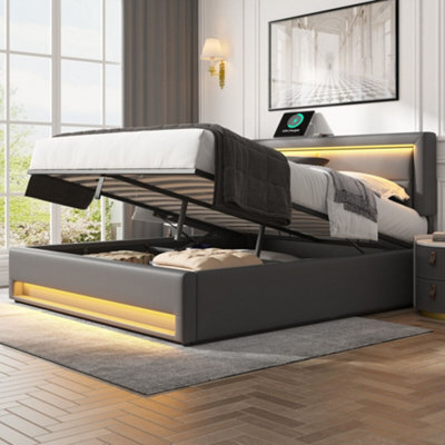 Abrihome Upholstered Bed,with Usb Port, With Led Lighting And Storage Space, Grey ,150 X 200 Cm,king Size Bed - image 1