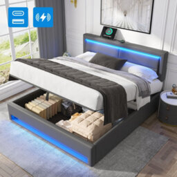 Abrihome Upholstered Bed,with Usb Port, With Led Lighting And Storage Space, Grey ,150 X 200 Cm,king Size Bed - thumbnail 4