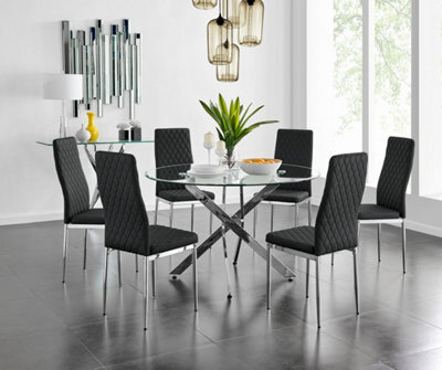 Furniturebox Novara Clear Tempered Glass 120Cm Round Dining Table With Chrome Starburst Legs & 6 Black Milan Faux Leather Chairs - image 1