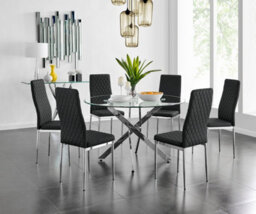 Furniturebox Novara Clear Tempered Glass 120Cm Round Dining Table With Chrome Starburst Legs & 6 Black Milan Faux Leather Chairs - thumbnail 1