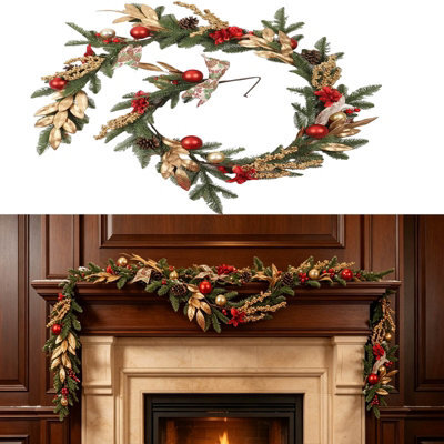 Amorly 180Cm Artificial Christmas Garland, Festive Pine Garland With Red Gold Baubles, Pinecones And Bows, Indoor Outdoor Holiday Decor - image 1