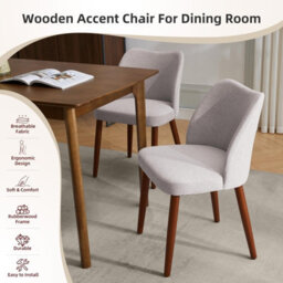 Set Of 2 Modern Wingback Dining Chairs, Ergonomic Curved Back Upholstered Side Chairs With Solid Wood Legs, Linen, Gray - thumbnail 4