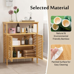Costway Bamboo Side Storage Organizer Bathroom Floor Cabinet W/ Double Doors - thumbnail 7