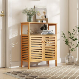Costway Bamboo Side Storage Organizer Bathroom Floor Cabinet W/ Double Doors - thumbnail 6