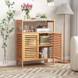 Costway Bamboo Side Storage Organizer Bathroom Floor Cabinet W/ Double Doors