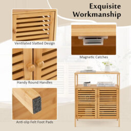 Costway Bamboo Side Storage Organizer Bathroom Floor Cabinet W/ Double Doors - thumbnail 9