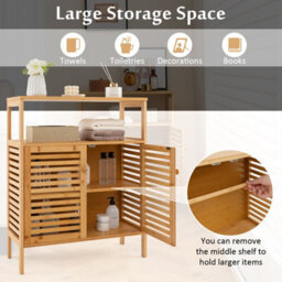 Costway Bamboo Side Storage Organizer Bathroom Floor Cabinet W/ Double Doors - thumbnail 8