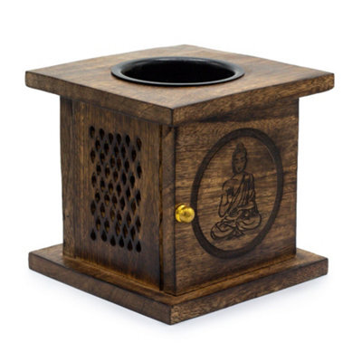 Serenityy Large Mango Wood Box Burner With Carved Buddha - 12 X 12 Cm, Brass Knob, Gloss Finish - image 1