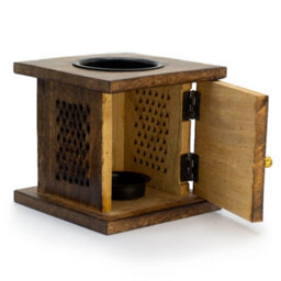 Serenityy Large Mango Wood Box Burner With Carved Buddha - 12 X 12 Cm, Brass Knob, Gloss Finish - thumbnail 3