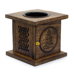 Serenityy Large Mango Wood Box Burner With Carved Buddha - 12 X 12 Cm, Brass Knob, Gloss Finish