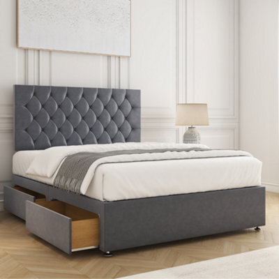 Bsspoke Mia Divan Bed Set Steel Plush Velvet 24Inch Headboard 2 Drawers Same Side & Memory Foam Spring Mattress In All Sizes - image 1