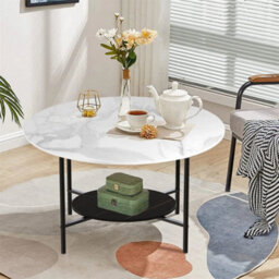 2-Tier Modern Round Coffee End Table Open Storage Marble Table - thumbnail 4
