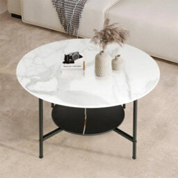 2-Tier Modern Round Coffee End Table Open Storage Marble Table - thumbnail 3