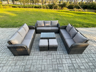 Fimous Rattan Lounge Sofa Set 11 Seater Outdoor Garden Furniture Set With Rectangular Coffee Table 3 Seater Sofa 2 Footstools - image 1