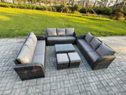 Fimous Rattan Lounge Sofa Set 11 Seater Outdoor Garden Furniture Set With Rectangular Coffee Table 3 Seater Sofa 2 Footstools - thumbnail 2
