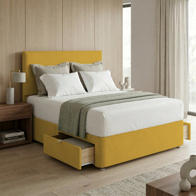 "Adore Designs Victoria Plush Velvet Divan Bed, 50"" Headboard & Mattress - 3Ft Single - Turmeric - 2 Drawers Same Side" - image 1