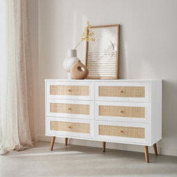 Sweeek - 6-Drawer Chest With Wood And Cane Effect Blanc Cassé 120X39X79 Cm - Boheme - thumbnail 5