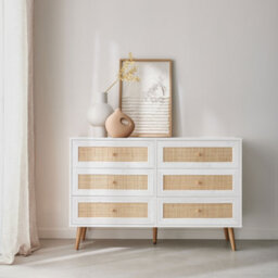 Sweeek - 6-Drawer Chest With Wood And Cane Effect Blanc Cassé 120X39X79 Cm - Boheme - thumbnail 4