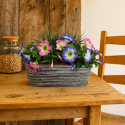 GreenBrokers Artificial Pink & Purple Petunia Flowers & Grass In Rounded 40Cm Rectangle Grey Wash Willow Basket - Faux Silk - Uv Protected - thumbnail 6