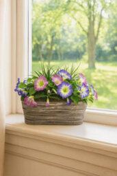 GreenBrokers Artificial Pink & Purple Petunia Flowers & Grass In Rounded 40Cm Rectangle Grey Wash Willow Basket - Faux Silk - Uv Protected - thumbnail 7