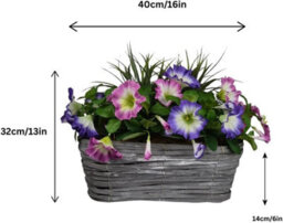 GreenBrokers Artificial Pink & Purple Petunia Flowers & Grass In Rounded 40Cm Rectangle Grey Wash Willow Basket - Faux Silk - Uv Protected - thumbnail 2