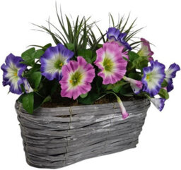 GreenBrokers Artificial Pink & Purple Petunia Flowers & Grass In Rounded 40Cm Rectangle Grey Wash Willow Basket - Faux Silk - Uv Protected - thumbnail 4