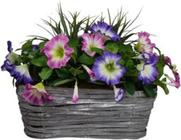 GreenBrokers Artificial Pink & Purple Petunia Flowers & Grass In Rounded 40Cm Rectangle Grey Wash Willow Basket - Faux Silk - Uv Protected - thumbnail 1