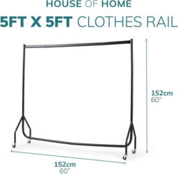 House Of Home Heavy Duty Black Metal 5Ft Long X 5Ft Tall Quality Clothes Rail With Wheels - thumbnail 2