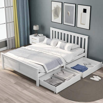 Abrihome Wooden Solid White Pine Storage Bed With Drawers Bed Furniture Frame For Adults, Kids, Teenagers 4Ft6 Double (White 190X135Cm) - image 1