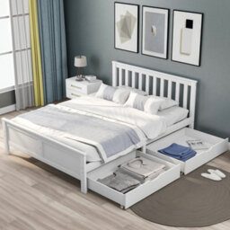 Abrihome Wooden Solid White Pine Storage Bed With Drawers Bed Furniture Frame For Adults, Kids, Teenagers 4Ft6 Double (White 190X135Cm)