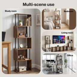 Levede 5-Tier Bookshelf S-Shaped Geometric Tall Bookcase Storage Unit Walnut - thumbnail 9