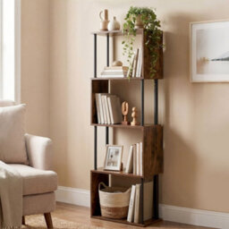 Levede 5-Tier Bookshelf S-Shaped Geometric Tall Bookcase Storage Unit Walnut - thumbnail 1