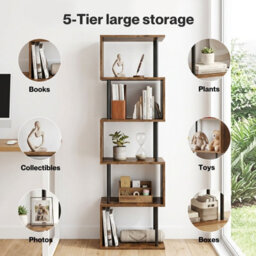 Levede 5-Tier Bookshelf S-Shaped Geometric Tall Bookcase Storage Unit Walnut - thumbnail 6