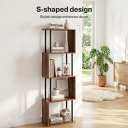 Levede 5-Tier Bookshelf S-Shaped Geometric Tall Bookcase Storage Unit Walnut - thumbnail 5
