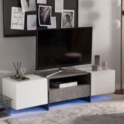 Beliani Tv Stand Concrete-Effect White Veneer With Led Lighting And Hidden Storage - thumbnail 2