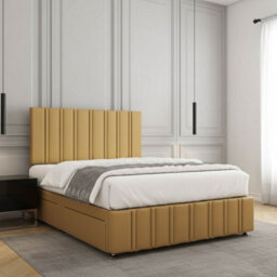 REGIONAL FURNISHINGS Divan Bed Set Mustard Plush Velvet Upholstered 24Inch Headboard & Footboard & Mattress No Drawers In 3Ft 4Ft 4Ft6 5Ft 6Ft Sizes - thumbnail 2