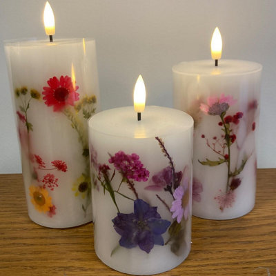 Set Of 3 Dried Flower Embedded Real Wax Led Flame Candles - Battery Powered Candle Lights With Floral Design - H18, H12 & H10Cm - image 1