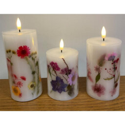 Set Of 3 Dried Flower Embedded Real Wax Led Flame Candles - Battery Powered Candle Lights With Floral Design - H18, H12 & H10Cm - thumbnail 5