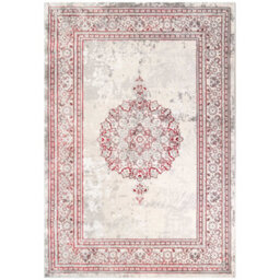Loomed Red Silver Grey Traditional Medallion Bordered Living Area Rug 80X150Cm - thumbnail 1