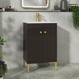 Royal Bathrooms Verona 500mm Walnut Woodgrain Floor Standing Vanity Unit 2 Door With Minimalist Basin & Brushed Brass Knob