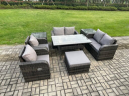 Fimous Rattan Outdoor Furniture Garden Dining Set Rectangular Table And Chair Sofa Set With 2 Side Tables Big Footstool - thumbnail 1