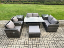Fimous Rattan Outdoor Furniture Garden Dining Set Rectangular Table And Chair Sofa Set With 2 Side Tables Big Footstool - thumbnail 2