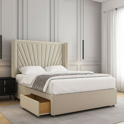 REGIONAL FURNISHINGS Cream Plush Velvet Divan Bed Set Upholstered 54Inch Headboard 2Drawersfootend & Mattress In Double King 4Ft 6Ft Sizes - image 1