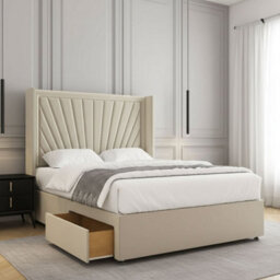 REGIONAL FURNISHINGS Cream Plush Velvet Divan Bed Set Upholstered 54Inch Headboard 2Drawersfootend & Mattress In Double King 4Ft 6Ft Sizes