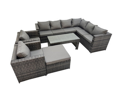 Fimous Outdoor Rattan Oblong Coffee Table Corner Sofa Sets Garden Furniture Set With 2 Chairs Big Stool Dark Grey Mixed - image 1