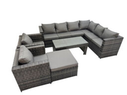 Fimous Outdoor Rattan Oblong Coffee Table Corner Sofa Sets Garden Furniture Set With 2 Chairs Big Stool Dark Grey Mixed - thumbnail 1
