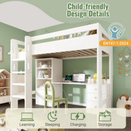 BTM Tm Kids High Sleeper Bunk Bed 90X190Cm, Usb C Desk, Wardrobe   Filing Cabinet, Loft Bed With Stairs   Storage - thumbnail 6
