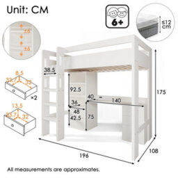 BTM Tm Kids High Sleeper Bunk Bed 90X190Cm, Usb C Desk, Wardrobe   Filing Cabinet, Loft Bed With Stairs   Storage - thumbnail 2