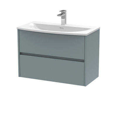 Nuie Havana Wall Hung 2 Drawer Vanity Basin Unit & Curved Ceramic Basin, Modern Sink Vanity Unit In Coastal Grey With White - image 1