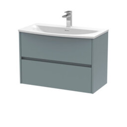 Nuie Havana Wall Hung 2 Drawer Vanity Basin Unit & Curved Ceramic Basin, Modern Sink Vanity Unit In Coastal Grey With White - thumbnail 5